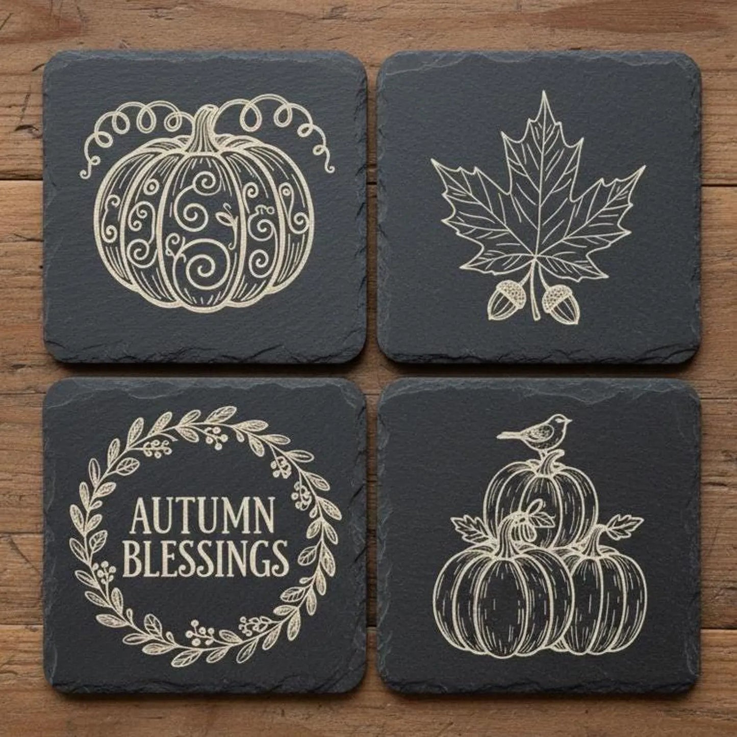 Pumpkin Halloween and Thanksgiving Laser Engraved 4x4" Slate Coasters